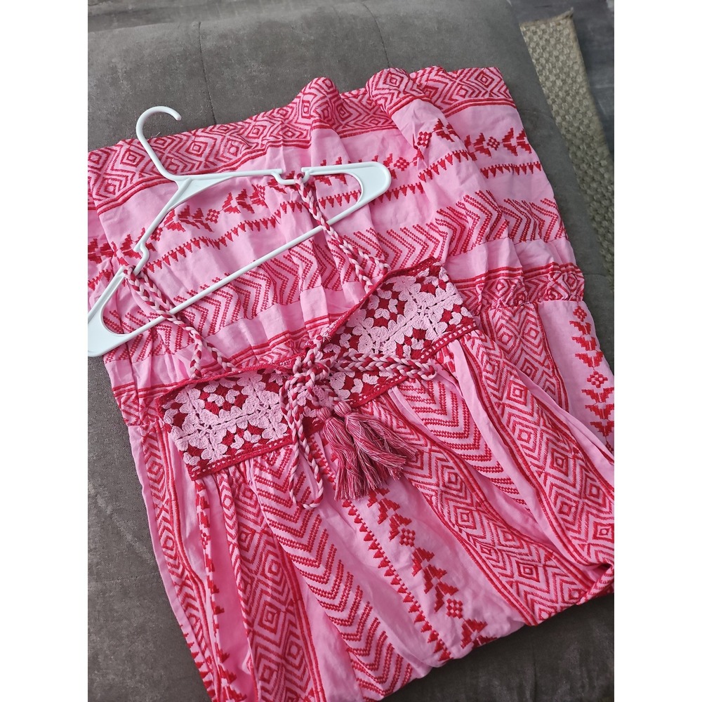 Boho Crochet Embroidered Maxi Dress Pink Red Tassel Tie Tiered Summer Large